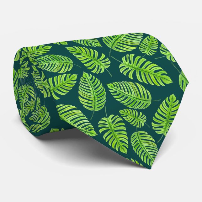 Gravata Folhas de Monstera, padrão de aquarela tropical (Rolled)