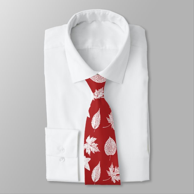 Gravata Folhas de outono - branco e vermelho escuro (Amarrado)