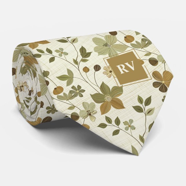 Gravata Folhas de Outono Monograma Floral Moderno (Rolled)