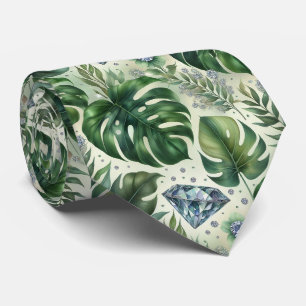 Gravata Folhas de Verdura em Aquarela Tropical com Diamant
