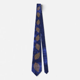 Gravata Folhas Douradas na aparência de Satin Azul Marinh