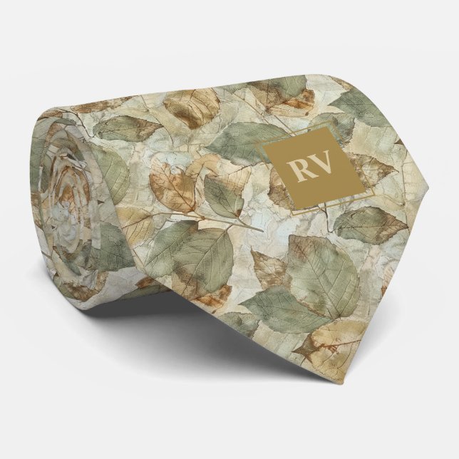 Gravata Folhas Elegantes de Outono Caem Monograma (Rolled)