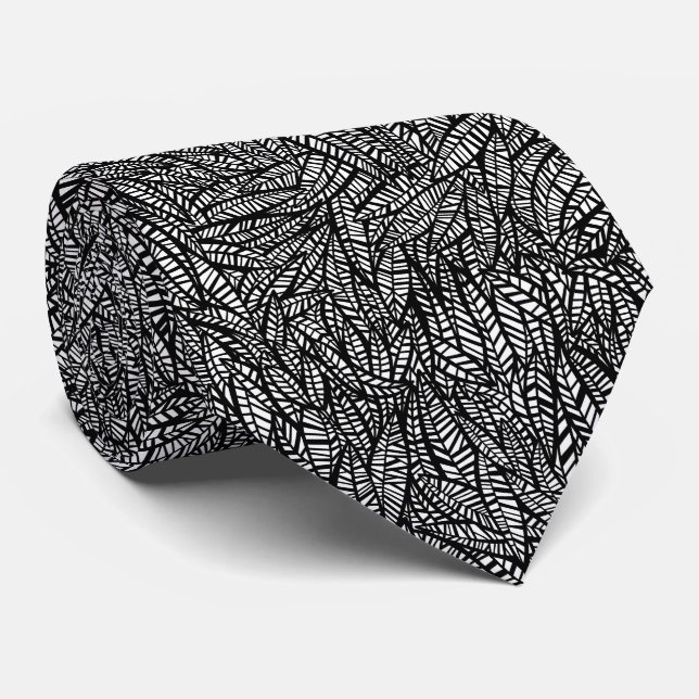 Gravata Folhas Preto E Branco Padrão (Rolled)