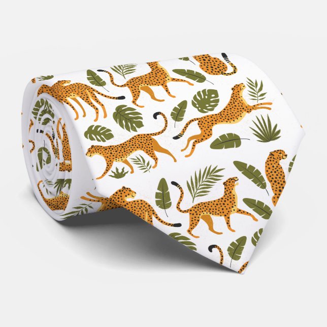Gravata Folhas Tropicais de Leopardos Cheetahs Folhas Bran (Rolled)