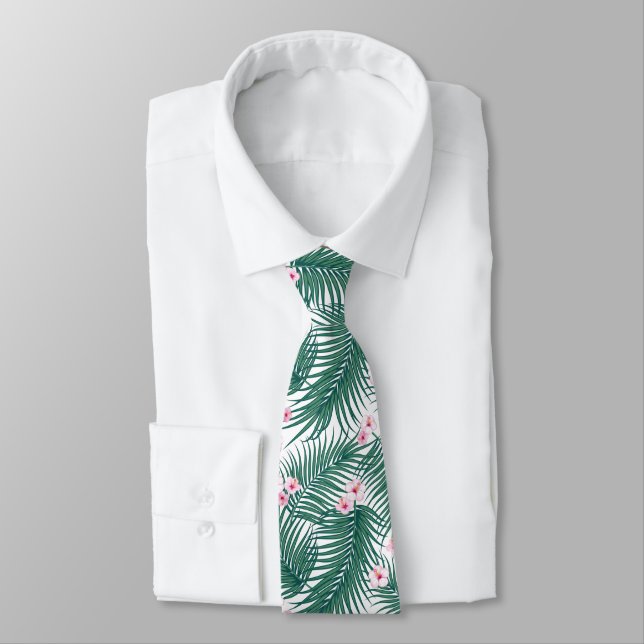 Gravata Folhas Tropicais Verdes com Flores de Hibiscus (Amarrado)