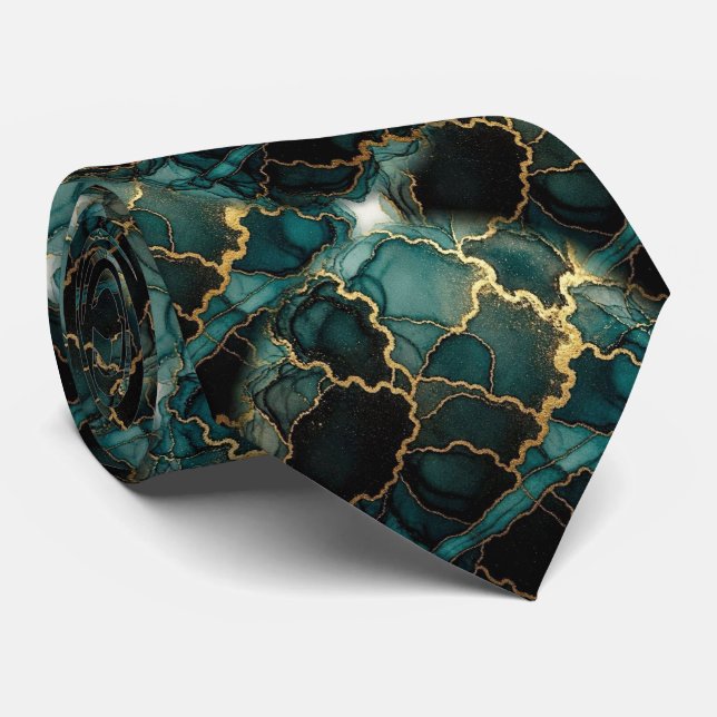 Gravata Formal | Azul Teal Mármore & Dourado (Rolled)