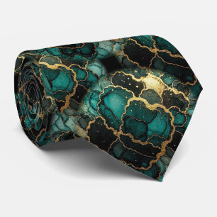 Gravata Formal Azul Teal Mármore & Dourado