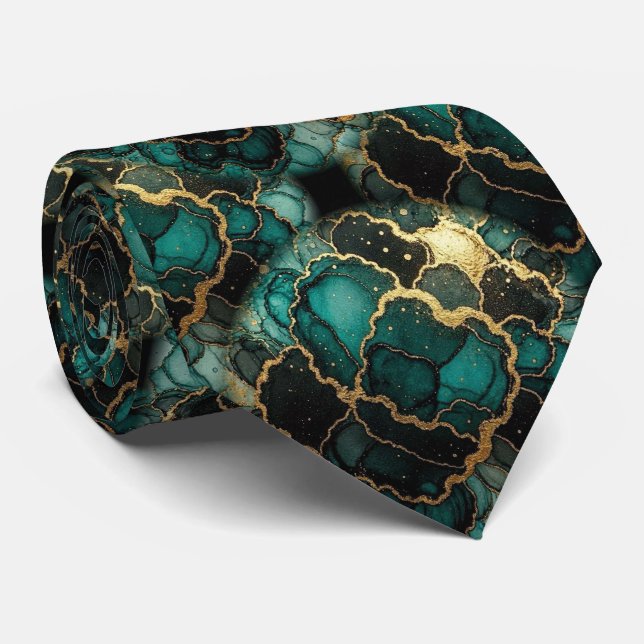 Gravata Formal | Azul Teal Mármore & Dourado (Rolled)