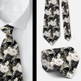 Gravata Formal Floral Aquarela Preto e Branco