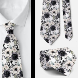 Gravata Formal Floral Aquarela Preto e Branco
