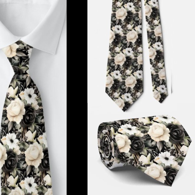 Gravata Formal Floral Aquarela Preto e Branco (Criador carregado)