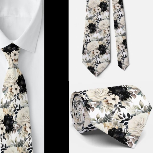 Gravata Formal Floral em Aquarela Preto e Branco (Criador carregado)