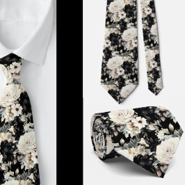 Gravata Formal Floral em Aquarela Preto e Branco