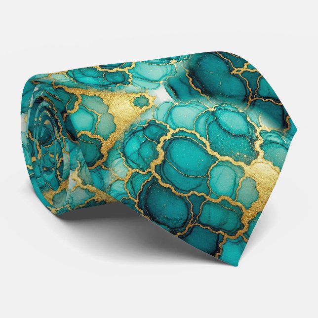 Gravata Formal | Mármore Azul Teal e Dourado (Rolled)