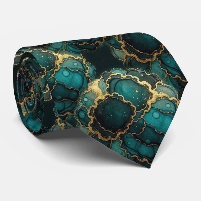 Gravata Formal | Mármore Azul Teal e Dourado (Rolled)