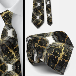 Gravata Formal Preto, Branco e Dourado Mármore