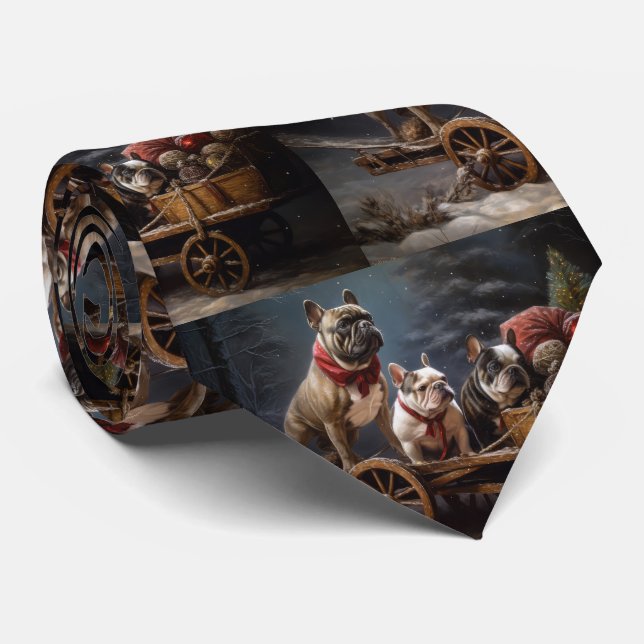 Gravata Francês Bulldog Snowy Sleigh Decência de Natal (Rolled)