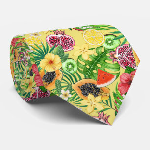 Gravata Frutas tropicais, flores e folhas em amarelo