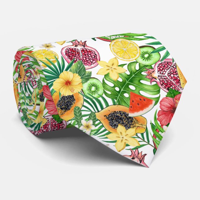 Gravata Frutas tropicais, flores e folhas em branco (Rolled)