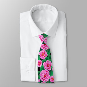 Gravata Fuchsia Pink Camellias e Jade Green Folhas