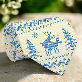 Gravata Funny Reindeer Christmas Tree Snow Blue Pattern