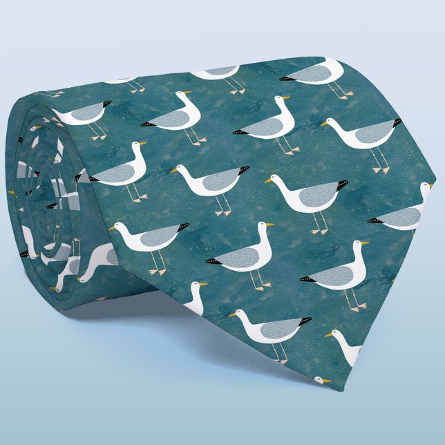 Gravata Gaivota Ave Costeira Padrão Verde (Fun seagull nautical tie for sailors and those who love the ocean)
