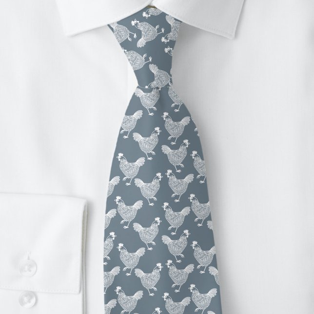 Gravata Galinha Hen Aves de capoeira (Chicken hen poultry pattern dusty blue and white neck tie)