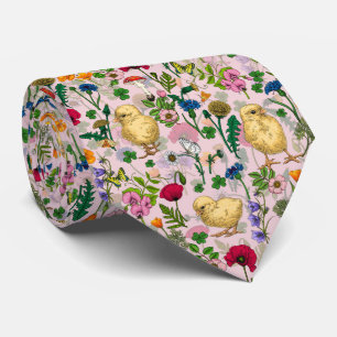 Gravata Galinhas e flores silvestres, de algodão, cor-de-r