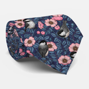 Gravata Galinhas na rosa selvagem em rosa e azul