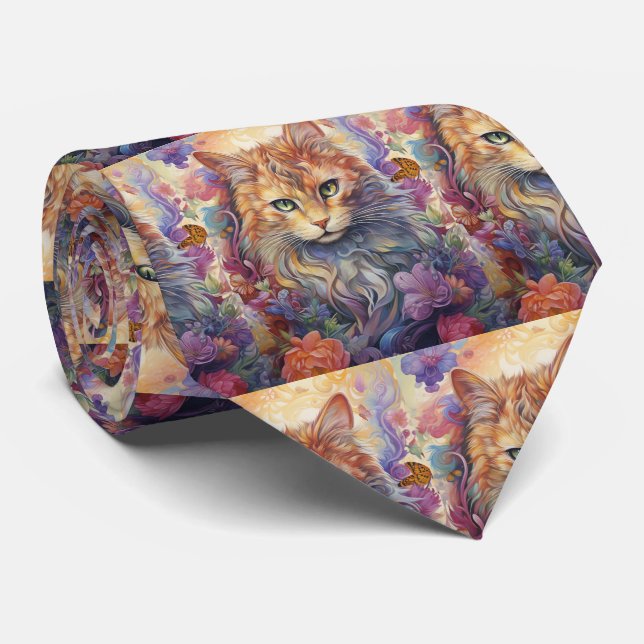 Gravata Gato Arco-íris Flores Borboleta Boho (Rolled)