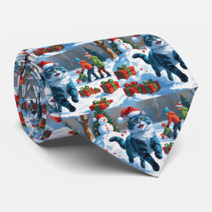 Gravata Gato Azul Oriental Sentado na Neve com Chapéu de N