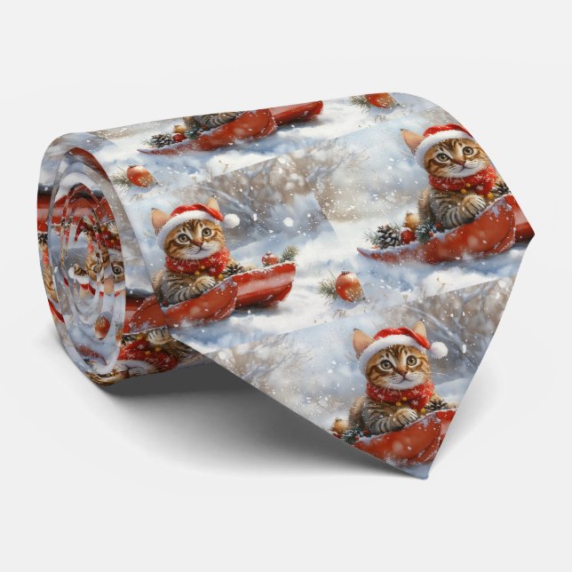 Gravata Gato Bengal em Trenó Deixe Nevar Natal (Rolled)
