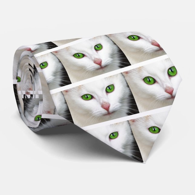 Gravata Gato Branco Olhado Verde (Rolled)
