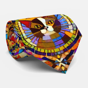 Gravata Gato Colorido Vibrante em Azulejos Mosaicos