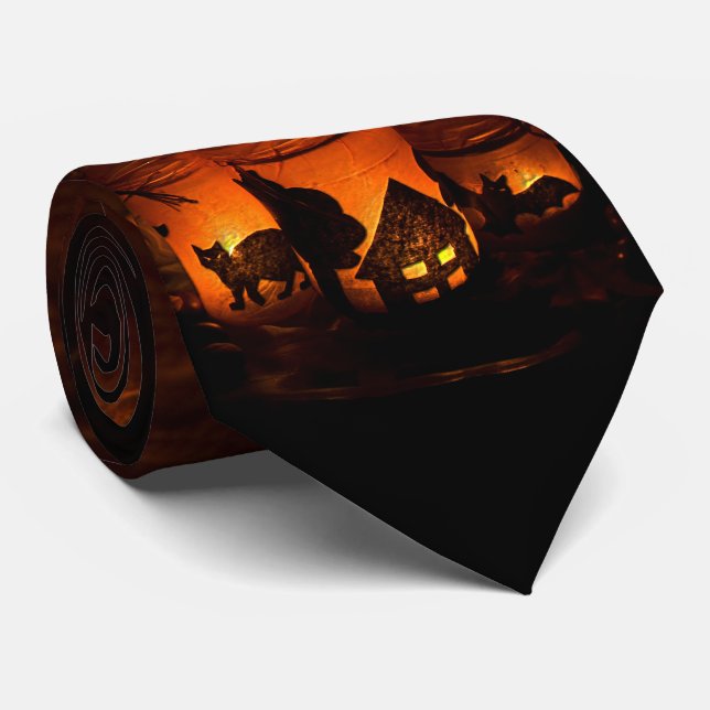 Gravata Gato Negro Halloween com Luminários e Morcegos (Rolled)