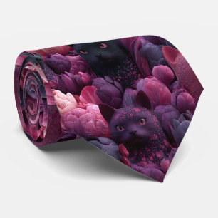 Gravata Gato Preto Surreal e Padrão Floral Peônia Rosa