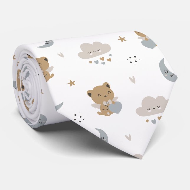 Gravata Gatos Anjo Kawaii & Nuvens (1) (Rolled)