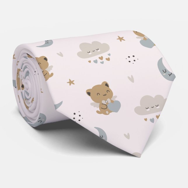 Gravata Gatos Anjo Kawaii & Nuvens (2) (Rolled)
