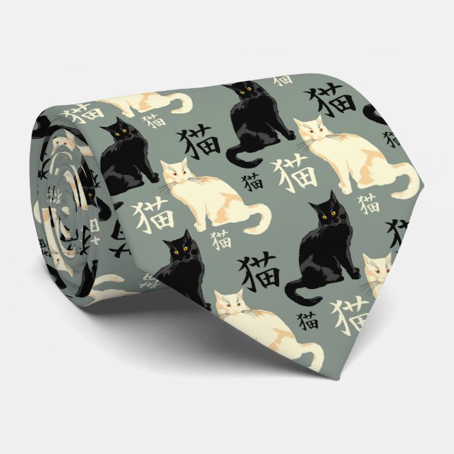 Gravata Gatos brancos e pretos com personagens japoneses (Rolled)