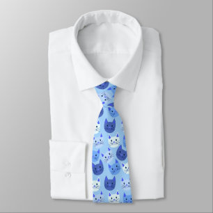 Gravata Gatos Cachorros Rostos de Gato Padrão Azul Branco