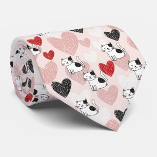 Gravata Gatos Kawaii Cor-de-Rosa Doce e Padrão de Corações