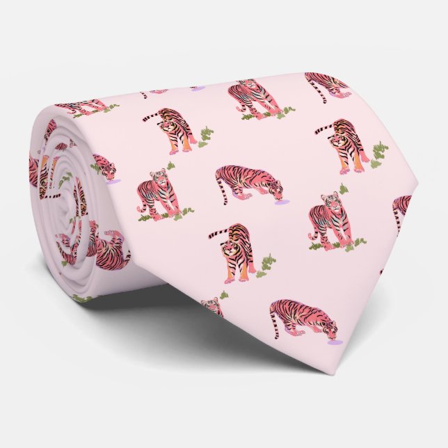 Gravata Gatos Medem Tigres no pescoço Rosa (Rolled)