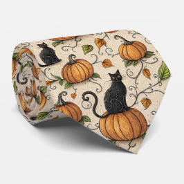 Gravata Gatos Pretos e Abóboras Padrão de Halloween