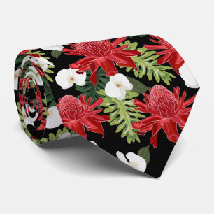 Gravata Gengibre Vermelho Orquídeas Tropicais Preto