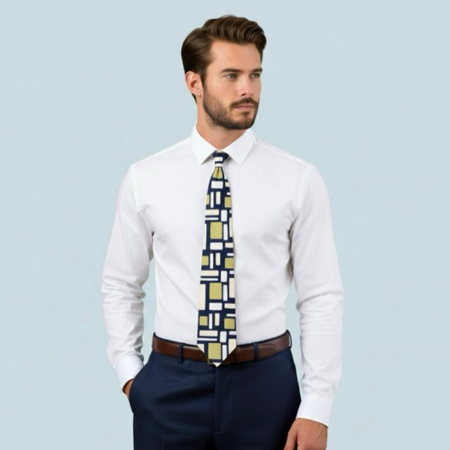 Gravata Geometric Rectangle Pattern Tie in Ivory and Gold  (Criador carregado)