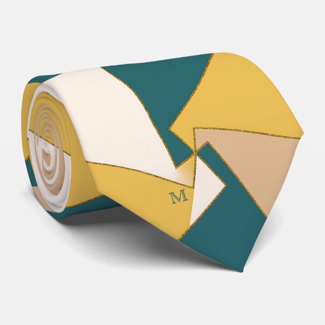 Gravata Geométrico Artístico Moderno Teal Dourado Monogram (Rolled)