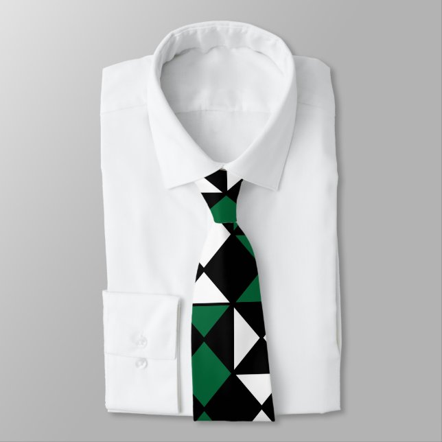 Gravata Geométrico Preto Branco Verde  (Amarrado)