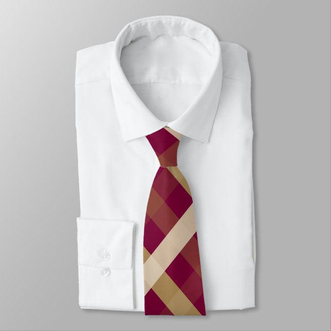 Gravata Gingham Diagonal na Borgonha, Beige, Creme (Amarrado)
