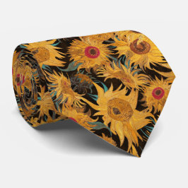 Gravata Girasóis de Van Gogh amarelo preto aqua vermelho