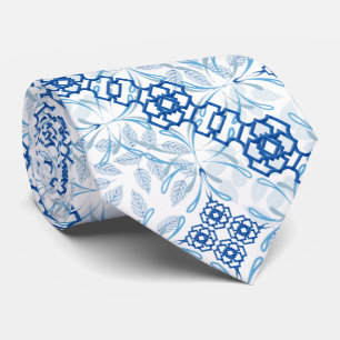 Gravata Gola Azul e Branco Geométrica Chinesa do Pescoço